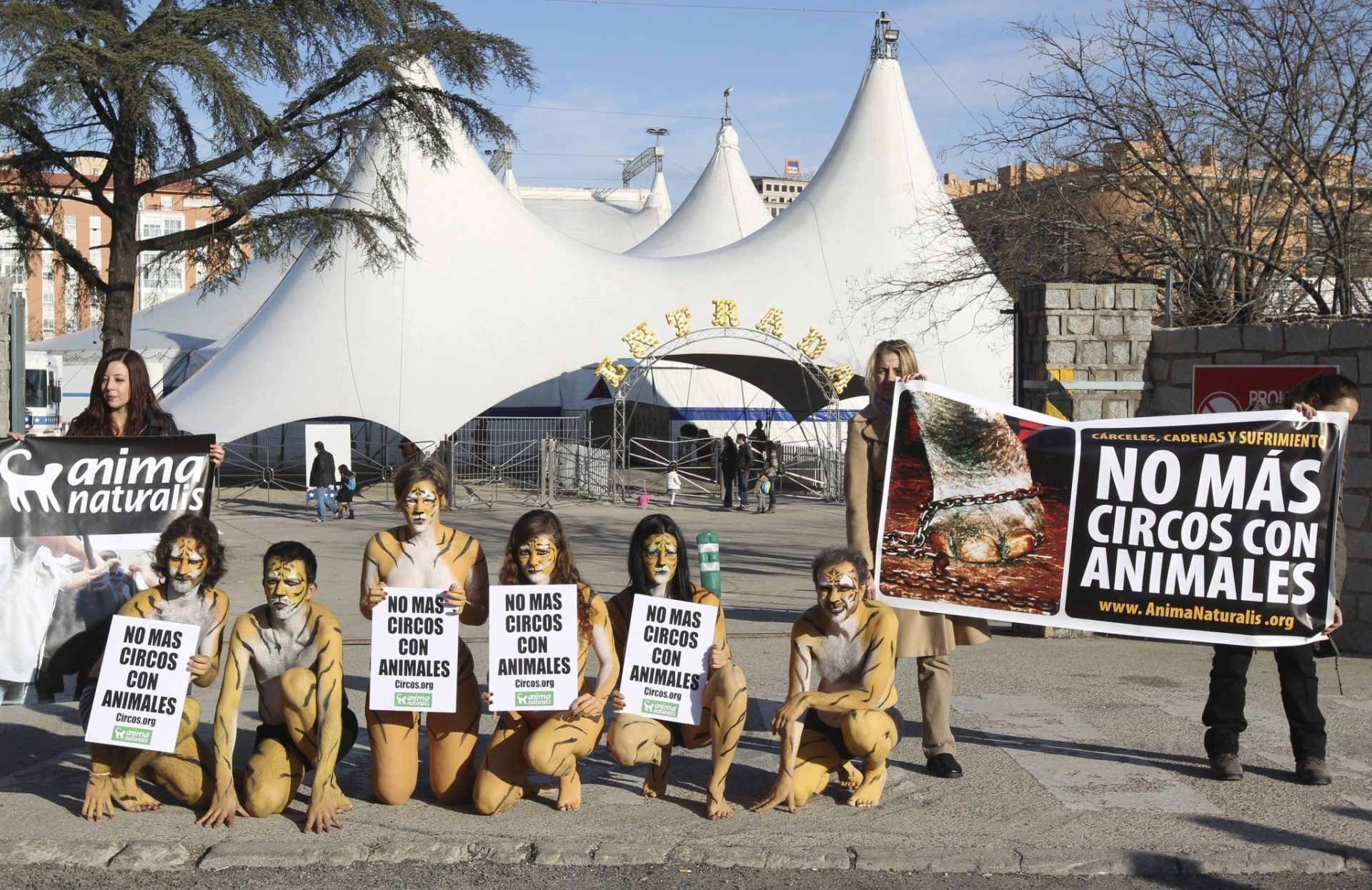  Animalistas desnudos pintados de tigre protestan a la entrada del Circo Americano, por la existencia de circos con animales. EFE/ ÁNGEL DÍAZ