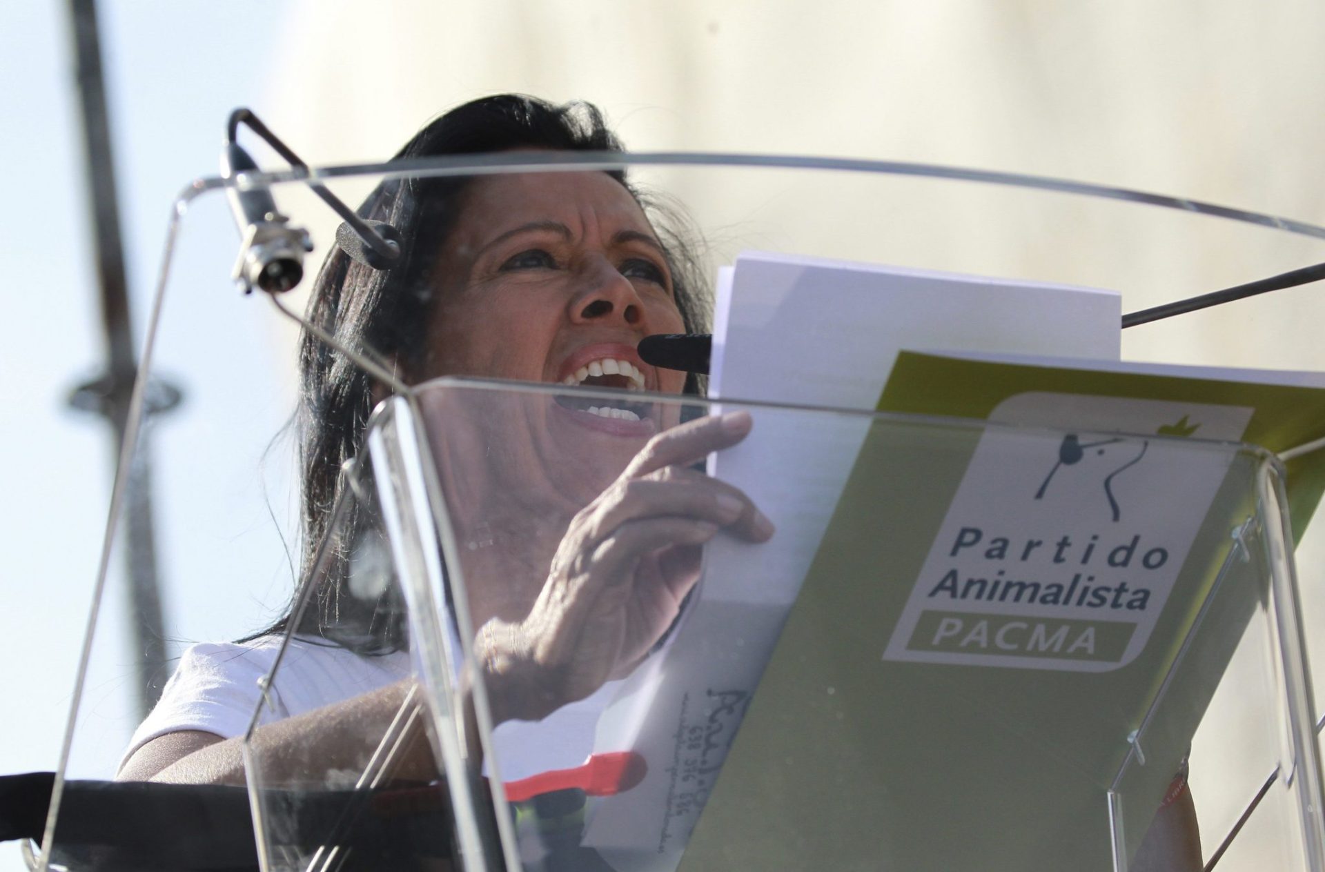 La cantante y activista Cristina del Valle, durante su intervención en la manifestación convocada por el Partido Animalista (PACMA) en la Puerta del Sol de Madrid contra los festejos taurinos bajo el lema "Misión Abolición". EFE/Víctor Lerena