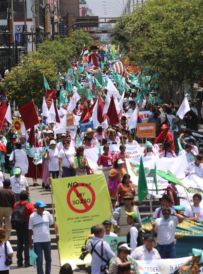 Marcha de organizaciones sociales e indígenas en defensa de la Madre Tierra en Lima.