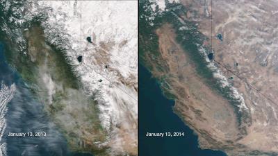 Imagen de satélite de comparación de la nieve caída en enero de 2013 y enero de 2014 en la Sierra Nevada de California (EEUU).