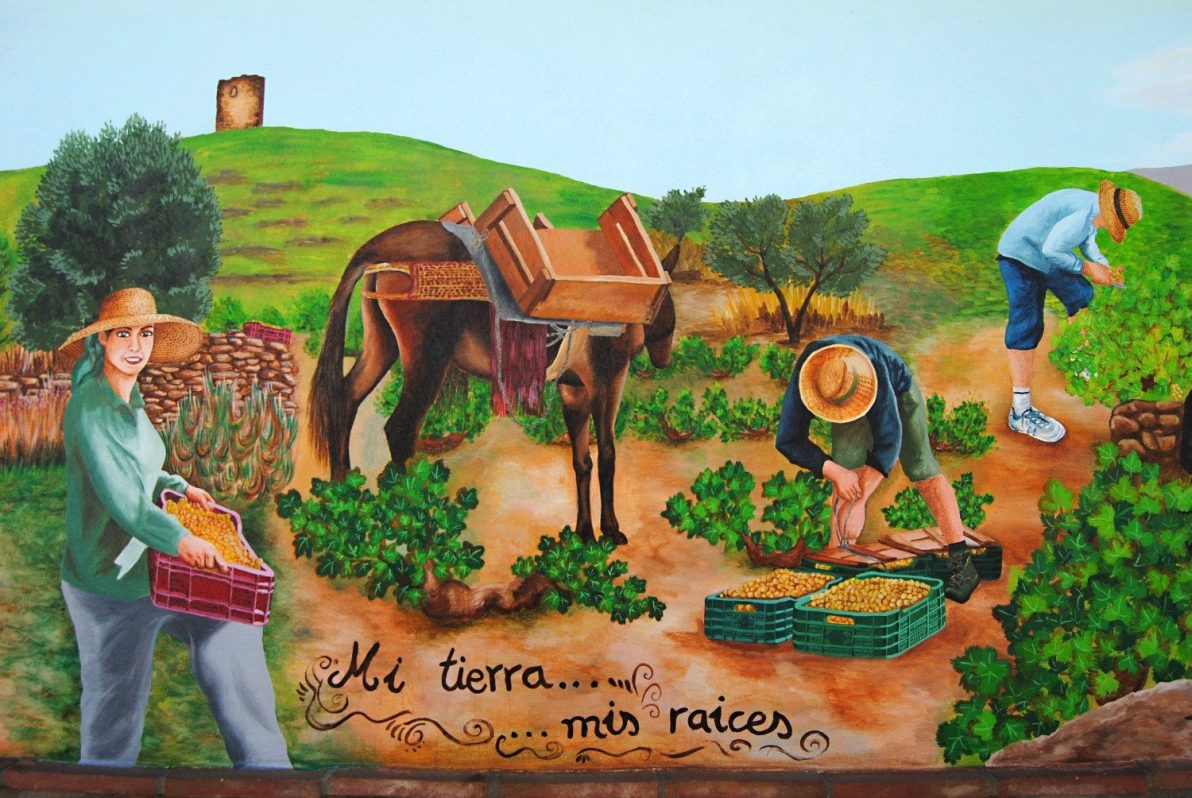 Detalle del mural "Mi tierra, mis raíces" donde se aprecia las labores de recolección de la uva en la comarca de la Axarquía (Málaga). EFE/Inmaculada Fernández 