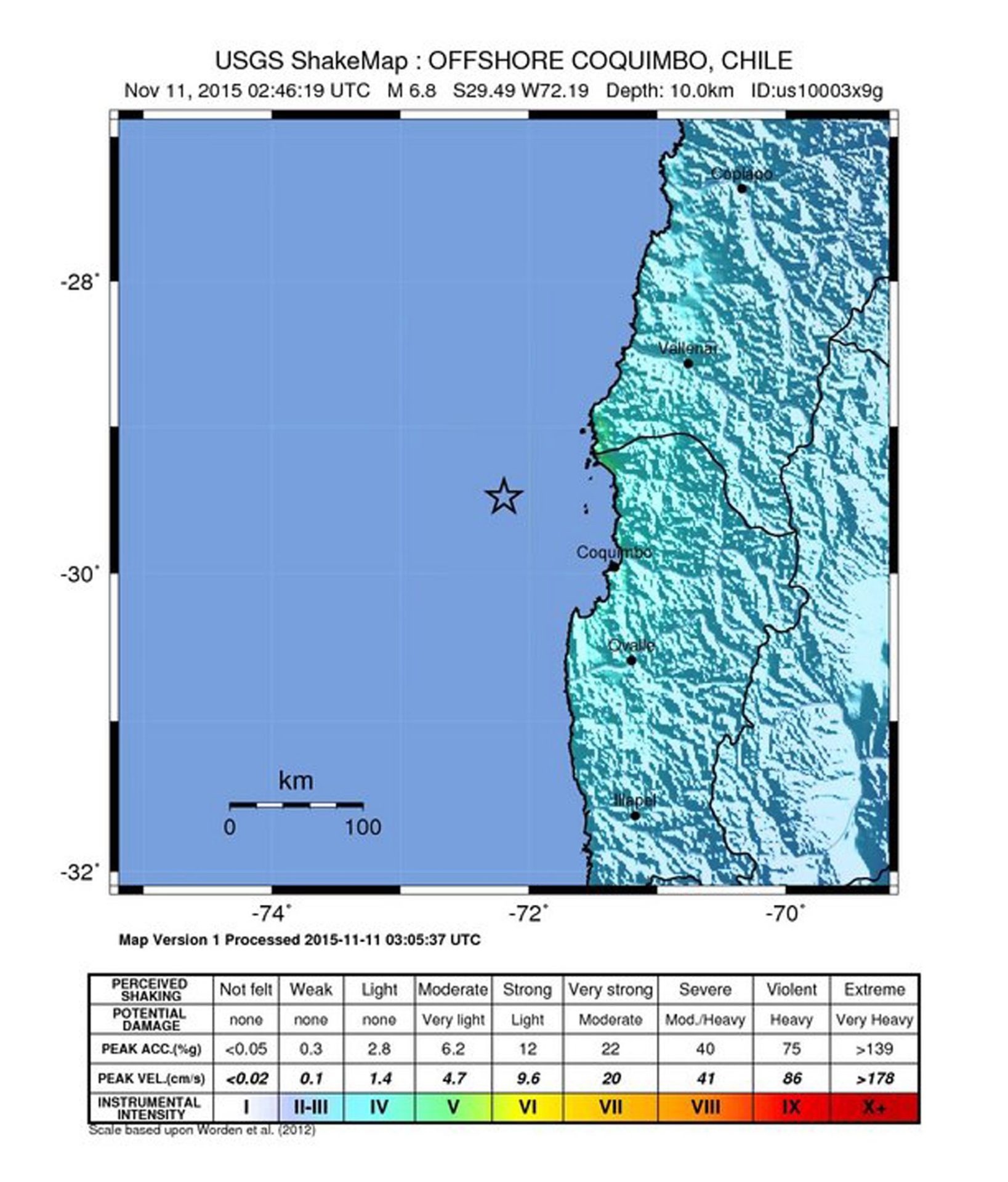 Mapa de la USGS con la ubicación del terremoto de magnitud 6.9 hoy, cerca de Coquimbo.