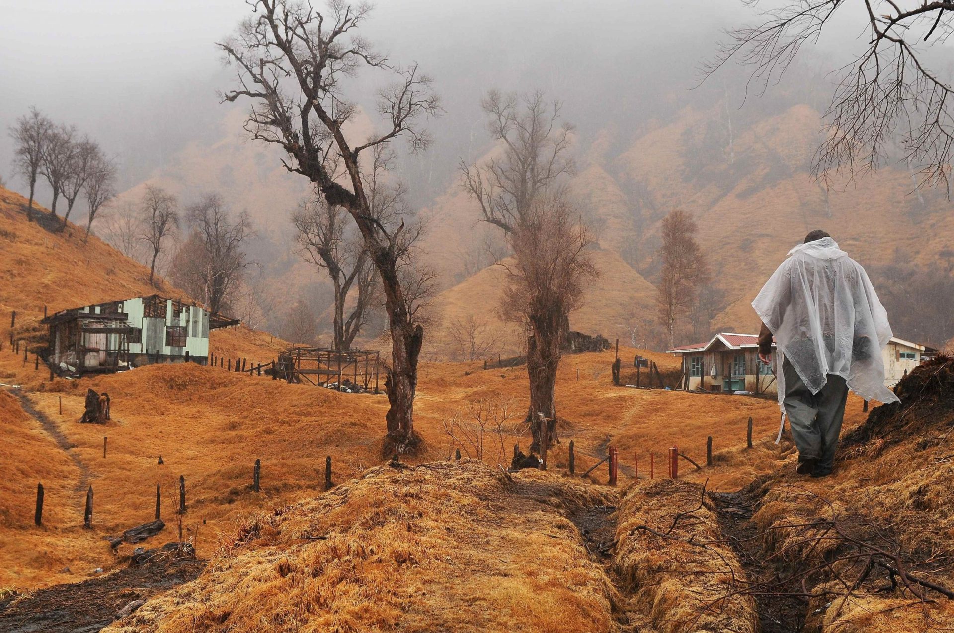Un hombre camina entre cenizas del volcán Turrialba.