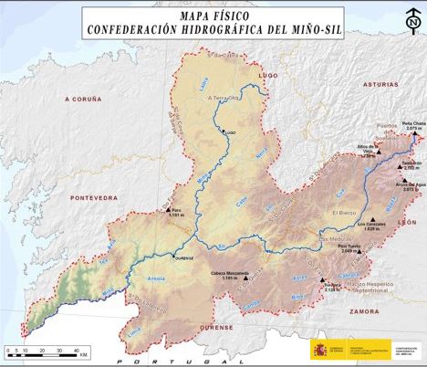 Mapa físico de la cuenca hidrográfica Miño-SIl, en una captura de la web de la Chimosil.