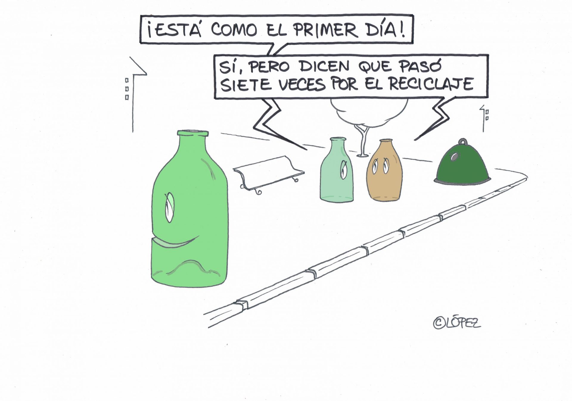 Cómo el primer día. Ecohumor por López. Una iniciativa de Ecovidrio y EFEverde de la Agencia EFE. Esta ilustración puede ser reproducida libremente citando las fuentes.