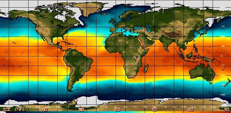 Mapara de la temperatura superficial del mar en el Océano Pacífico, en grados Fahrenheit, tomada el 9 de marzo de 2014