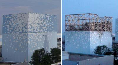 Combo ,facilitado por TEPCO, que muestra el estado del edificio del reactor 1 de la central nuclear de Fukushima (Japón) antes y después de la explosión el 12 de marzo de 2011.
