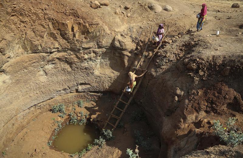 En India 330 millones de personas están afectadas por las sequías. En la foto, mujeres bajan a un pozo a recoger agua. 