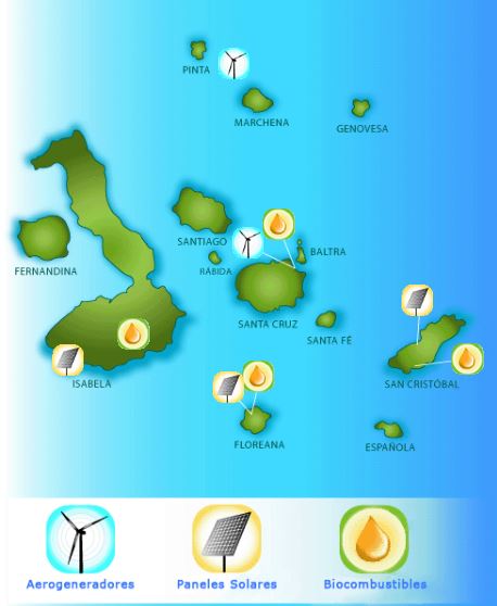 Mapa de proyectos de energías renovables en las Islas Galápagos según la Web de Ergal.org.