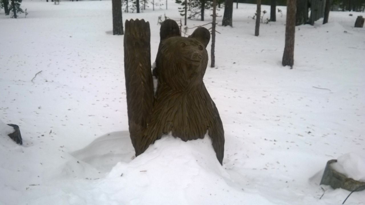 Un oso de madera enterrado en la nieve da la bienvenida a los participantes en el desafío IPCDrive. EFE/Marina Segura