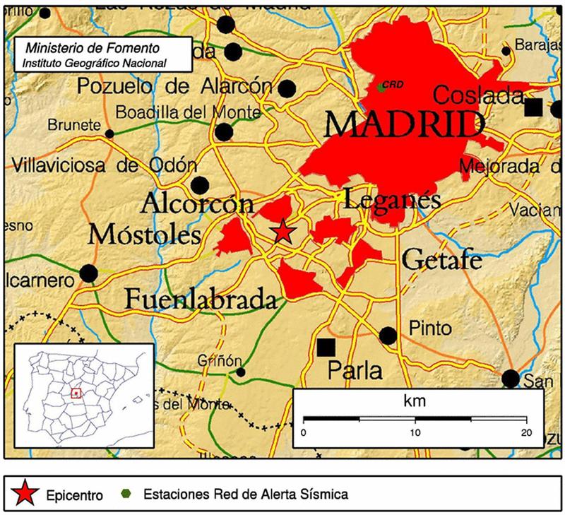 Fotografía facilitada por el Instituto Geográfico Nacional (IGN), del mapa de la Comunidad de Madrid que muestra el epicentro del movimiento sísmico que se ha registrado a las 07.34 horas de esta mañana, con epicentro en el sureste de Alcorcón.
