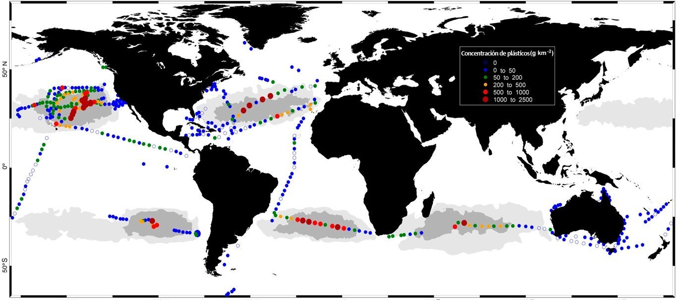 Mapa de la concentración de plásticos en los océanos según la investigación de los científicos de la Expedición Malaspina 2010