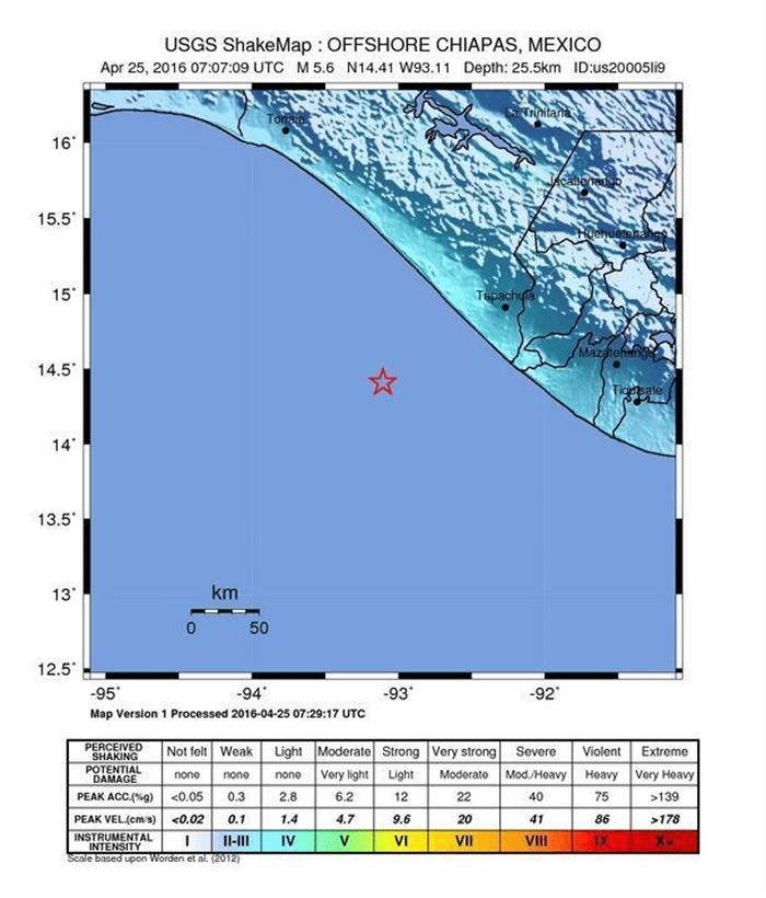 Imagen que muestra la localización del terremoto de magnitud 5,6, registrado a 25,5 km de profundidad, en México