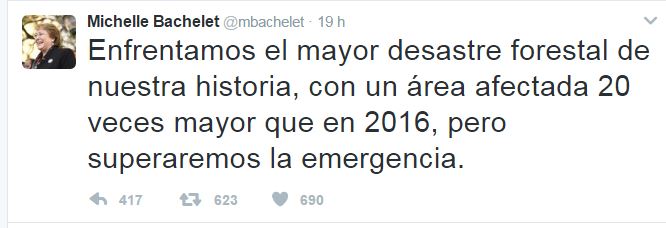 Tuit de Bachelet en su cuenta. 