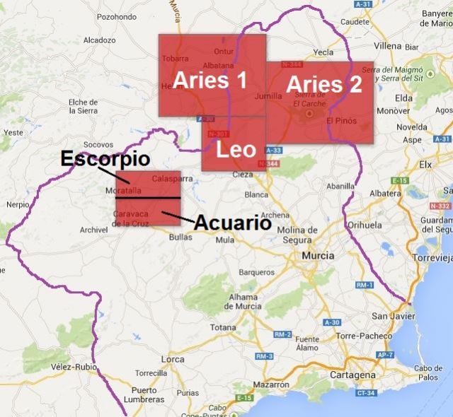 Mapa de los proyectos de fracking de la empresa Oil&gas en la región de Murcia facilitado por Ecologistas en Acción. 
