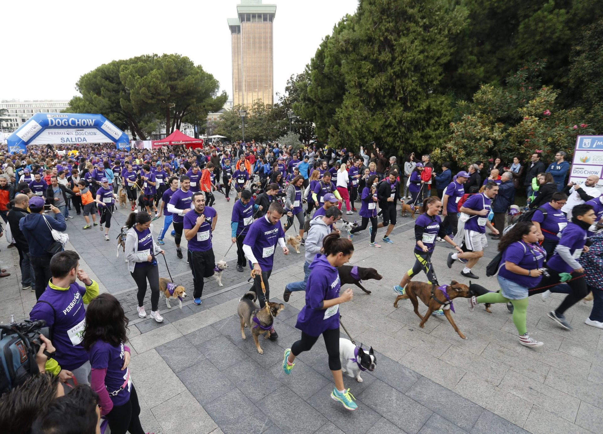 GRA048. MADRID, 18/10/2015.- Unos 3.000 perros y sus dueños participan esta mañana en Madrid en la cuarta edición de la carrera solidaria Perrotón, contra el abandono de mascotas, en un recorrido de tres kilómetros con salida y llegada en la Plaza de Colón. En la imagen, los participantes toman la salida en la plaza de Colón de Madrid. EFE/Mariscal