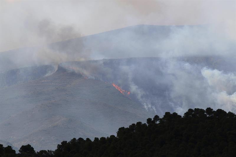 Vista del incendio forestal declarado anoche en el paraje Gatuna de la Sierra de Gádor (Almería),
