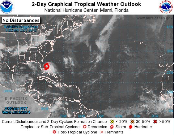 Imagen de satélite de la situación meteorológica del Caribe, capturada de la web de Centro Nacional de Huracanes de EEUU, donde se ve, en rojo, la tormenta tropical Arthur