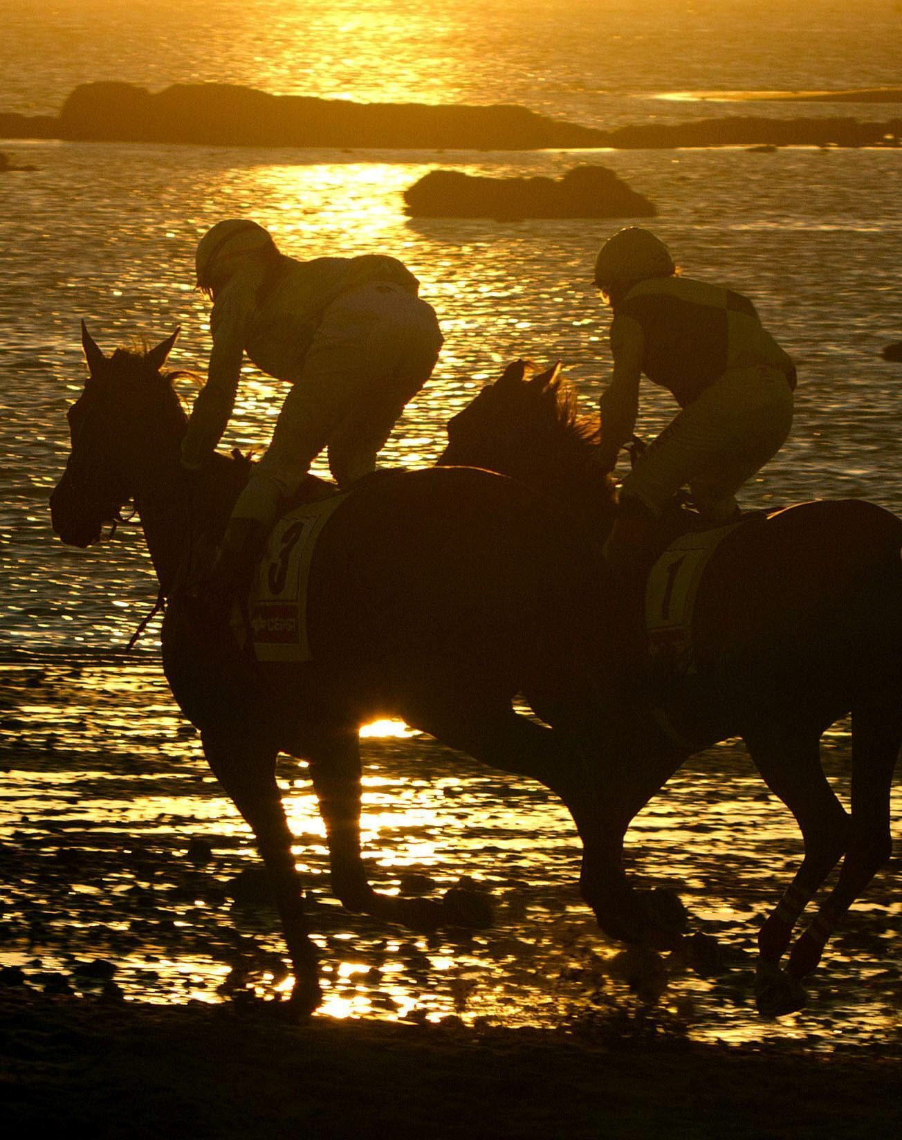 El atardecer rodea a los participantes en una de las tradicionales carreras de caballos de Sanlúcar de Barrameda (Cádiz) en agosto de 2012.