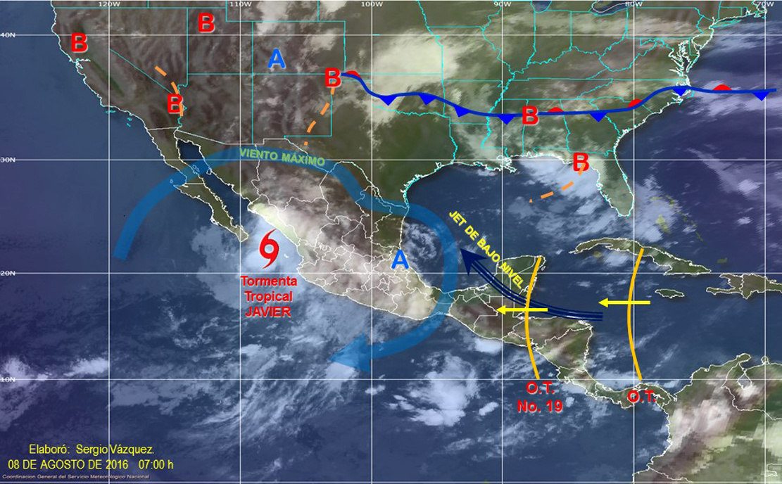 Imagen satelital del ciclón Javier sobre el Pacífico mexicano.