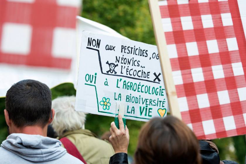 Imagen de una manifestación contra el uso de pesticidas con glifosato en la agricultura francesa, en octubre de 2017, en Listrac-medoc (Francia). EFE/EPA/Caroline Blumberg