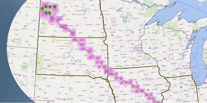 Mapa de la tubería de 1.885 kilómetros que llevaría medio millón de barriles de petróleo desde los yacimientos bituminosos de Dakota del Norte a una infraestructura ya existente en Illinois. Captura de la web del proyecto Dakota. 