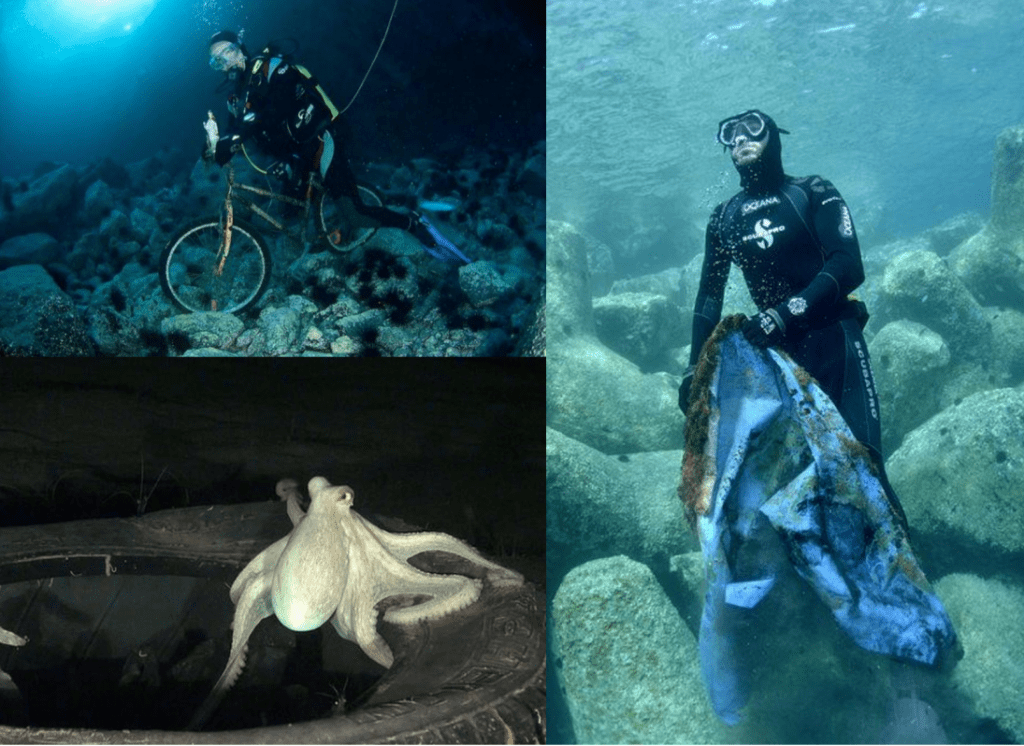 Combo con fotografías de Oceana con motivo del Día Mundial de los Océanos, de las basuras encontradas en el fondo del mar.