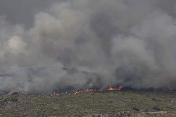 Medios terrestres y aéreos luchan contra las llamas del incendio forestal declarado en la comarca de La Cabrera, León. EFE/J.Casares