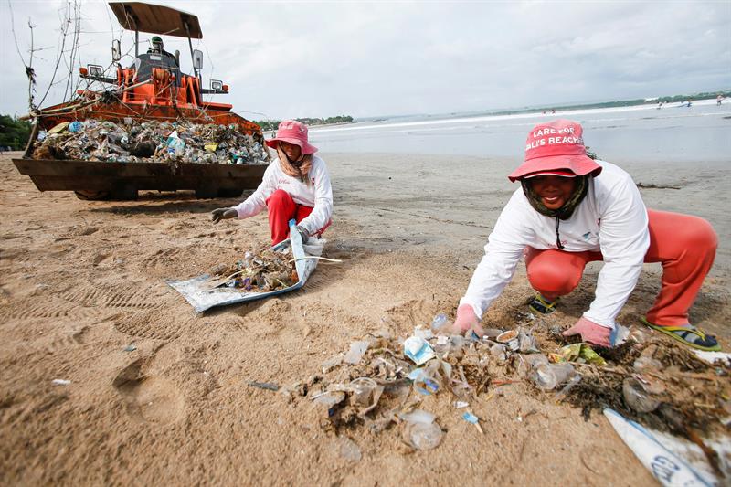 Trabajadores indonesios recogen basuras contaminantes del mar en Bali.