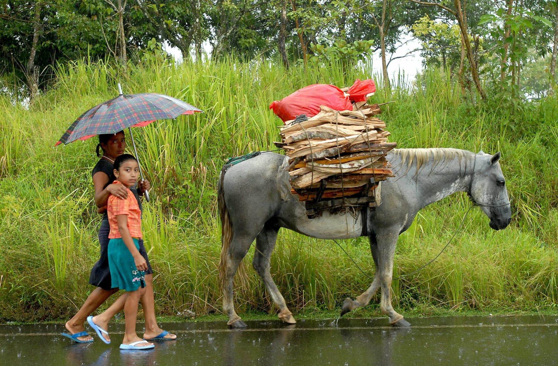 Una mujer campesina camina con su hija bajo la lluvia.