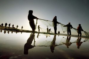 Pescadores tiran de una red de pesca en la playa de Ichinomiya (Japón).