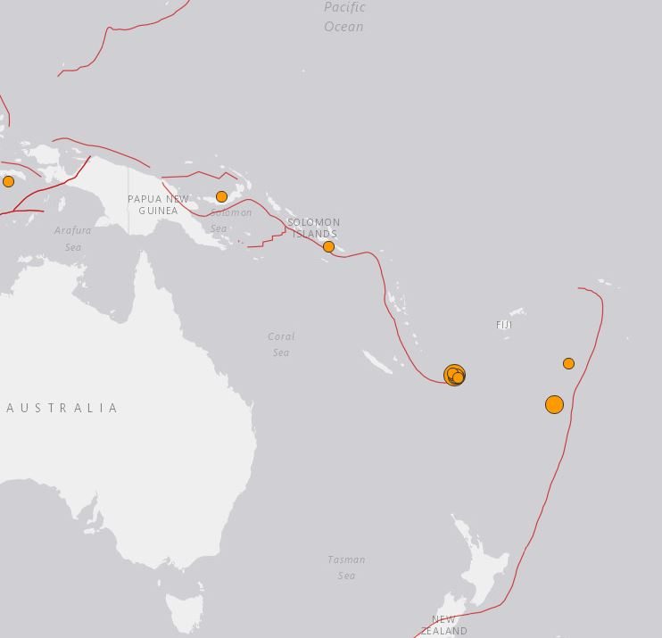 Captura de la web del USGS de la ubicación de los dos terremotos registrados hoy en el Pacífico Sur.