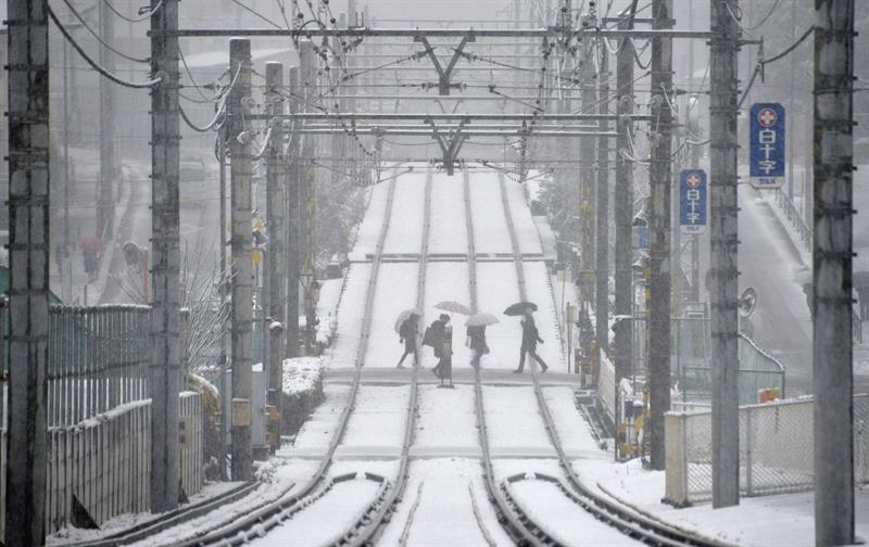 Varias personas cruzan una vía de ferrocarril cubierta de nieve, en Tokio (Japón)