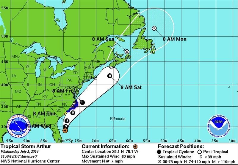 La tormenta tropical "Arthur" acercándose a la costa este de Florida, Estados Unidos