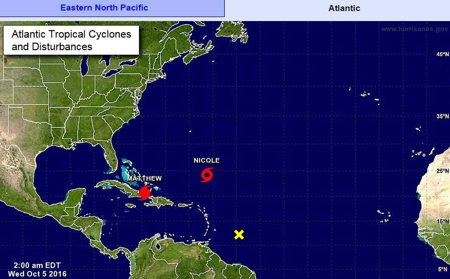 Mapa de situación de Nicole, la 14 tormenta tropical de la temporada.