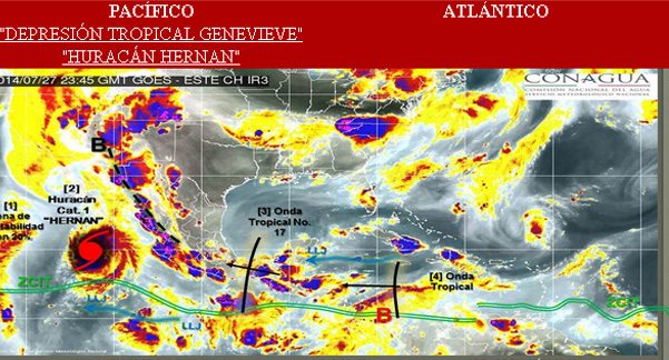 Captura del mapa de Conagua en el que se ve la situación de el huracán Hernán sobre el Pacífico mexicano. 
