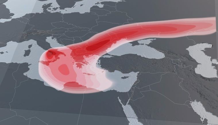 Captura de la web del estudio en el que se reproduce que  la súper erupción cubrió con ceniza un área desde el Mediterráneo hasta la actual Siberia y las mayores acumulaciones de ceniza tuvieron lugar en las actuales Macedonia, Bulgaria y Rumanía y provocó un invierno volcánico. EFE 