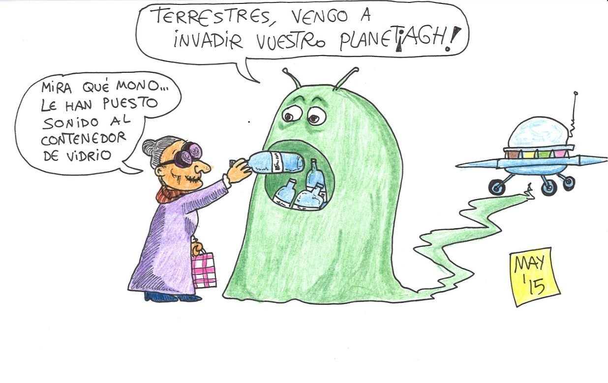 Sabías que… Reciclar vidrio tiene numerosas ventajas ambientales, pero la colaboración ciudadana es imprescindible para poner en marcha la cadena de reciclado, un ejemplo perfecto de Economía Circular. Ecohumor es un proyecto de divulgación ambiental y "sonrisas" de @Ecovidrio y @EFEverde de la Agencia EFE Esta ilustración de May puede ser reproducida libremente citando las fuentes.