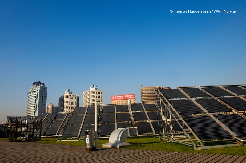 Title: Solar panels, Shanghai, China Description: Solar panels in commercial disctricts of Shanghai, China. Date Created: November 30, 2008 Copyright Credit: © Thomas Haugersveen / WWF-Norway