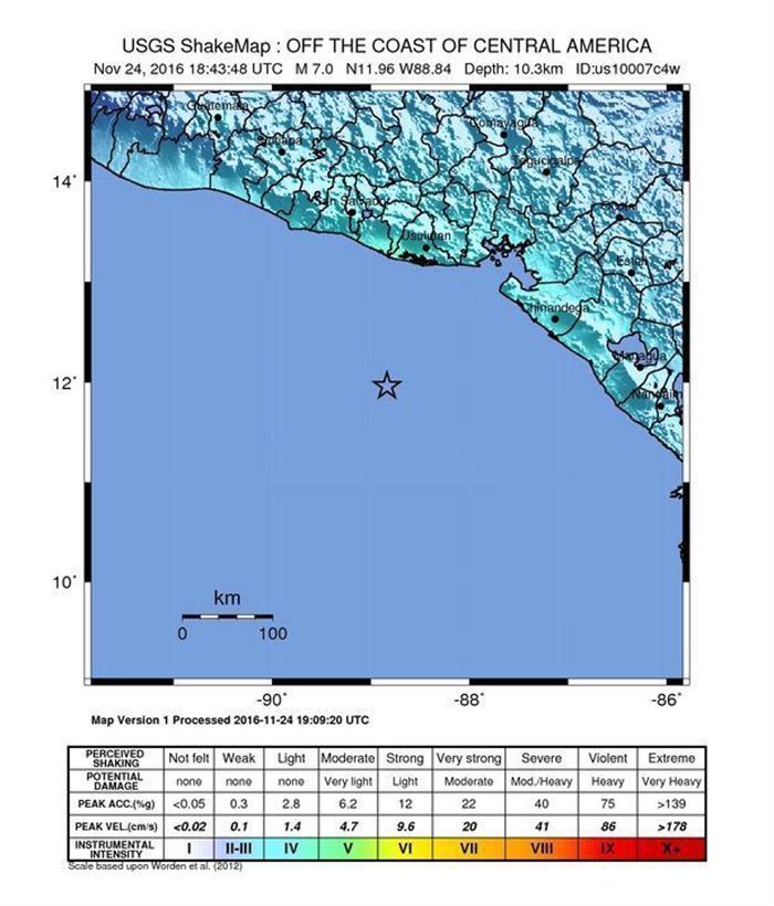 el epicentro en el que se ha registrado un terremoto de magnitud 7,2 en la escala abierta de Richter sacudió hoy a El Salvador y a naciones vecinas, sin que hasta el momento se hayan reportado daños. 