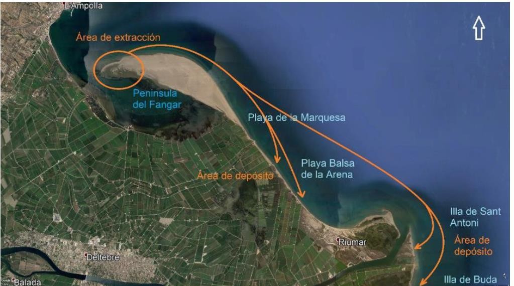 Mapas de actuación extraídos del Plan de actuación preventiva de reubicación de arenas en el borde litoral del Delta del Ebro (Tarragona)