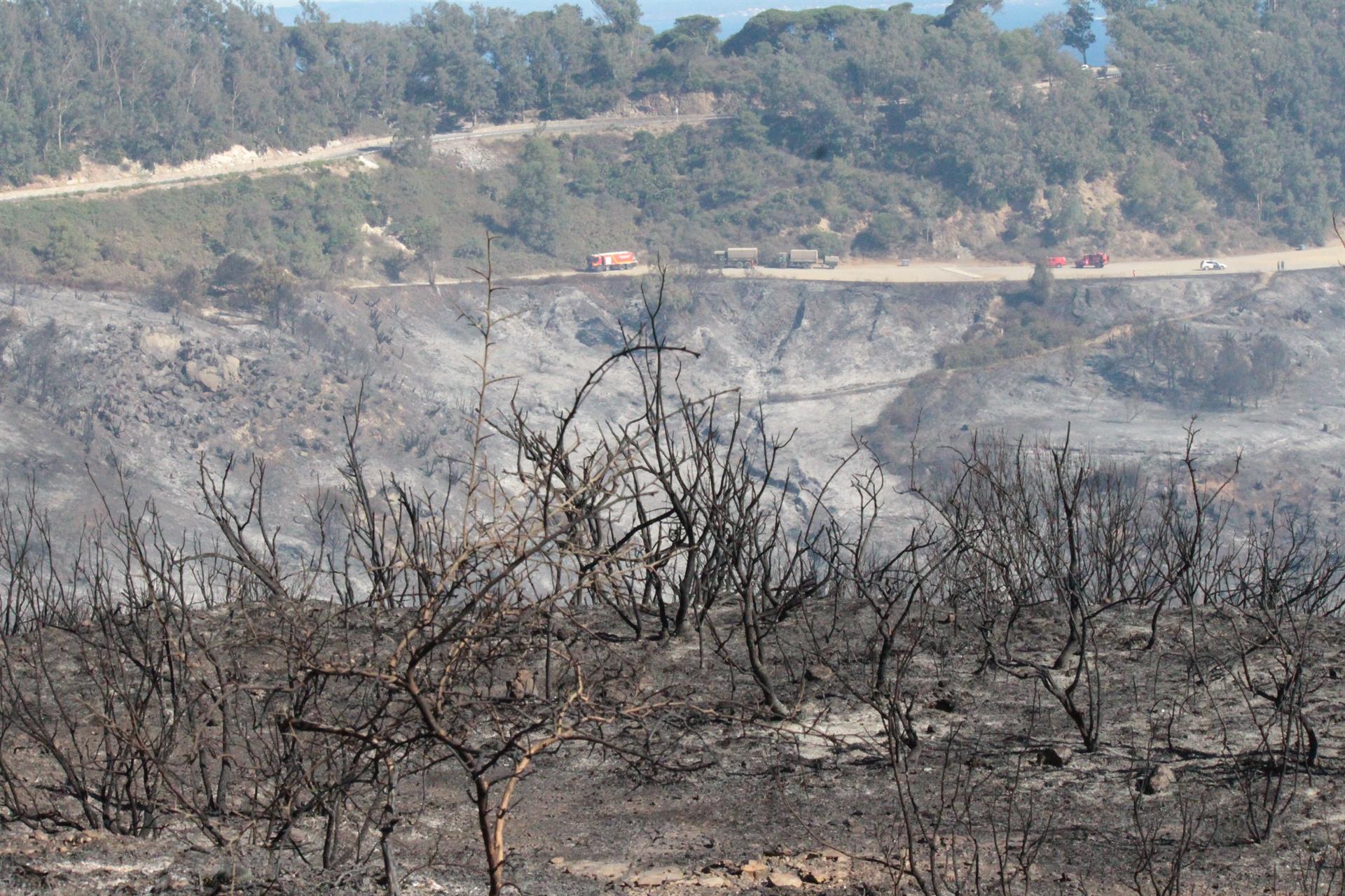 CEUTA, 09/09/2022.- Vista de una zona calcinada a causa del incendio forestal forestal que ha arrasado más de 100 hectáreas de monte declarado en la ciudad de Ceuta, este viernes. EFE/ Reduan Dris
