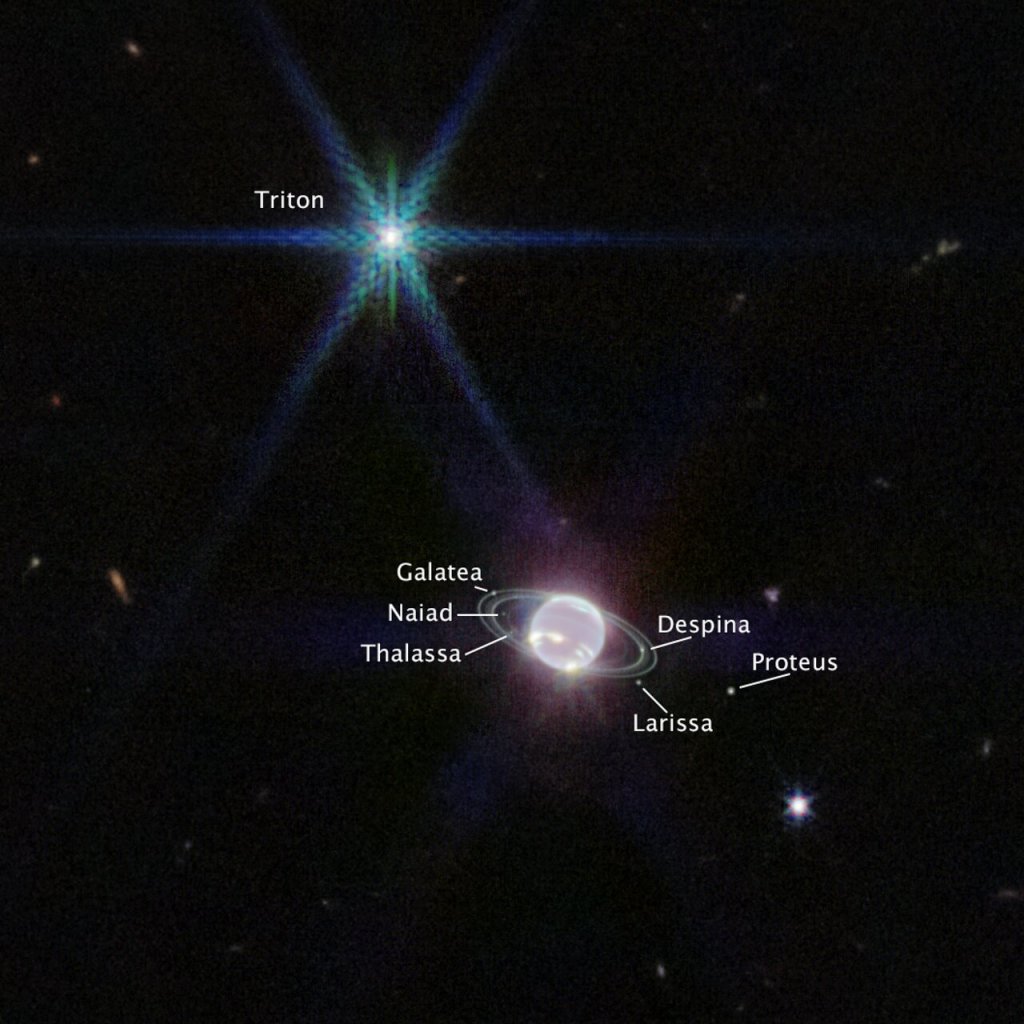 Imagen de Neptuno tomada el 12 de julio de 2022 por la Cámara de Infrarrojo Cercano (NIRCam) del telescopio espacial James Webb que enfoca los anillos del planeta por primera vez en más de tres décadas. EFE/NASA, ESA, CSA, and STScI 