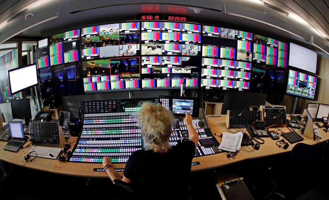 epa06787046 A view of the direction room at the National Broadcasting Center (NBC) of German TV media ARD and ZDF in Baden-Baden, Germany, 05 June 2018. By the state-of-the-art transmission technology, the World Cup studio of German TV media ARD and ZDF is now located in Baden-Baden and not in Moscow. In the period from 14 June to 15 July 2018, the two broadcasters report on a joint National Broadcasting Center (NBC) at Suedwestfunk in Baden-Baden. EPA/RONALD WITTEK