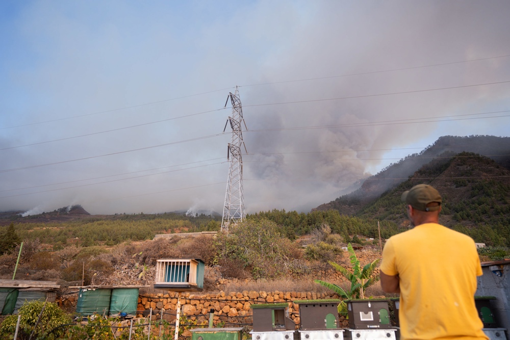 CANDELARIA (TENERIFE), 16/08/2023.- Los medios aéreos del Gobierno de Canarias y del Estado han comenzado a intervenir a primera hora de este miércoles en el incendio forestal que comenzó a últimas horas de anoche en los montes de Arafo, en Tenerife, y que ya afecta también a la zona alta de Candelaria. En la zona ya intervienen las brigadas forestales del Cabildo de Tenerife y de Bomberos de Tenerife así como bomberos voluntarios de Güímar y La Laguna. El fuego ha obligado a desalojar de manera preventiva los núcleos poblacionales de Arrate, Chivisaya, Media Montaña y Ajafona. En la imagen, un vecino del municipio tinerfeño de Candelaria observa desde el tejado de una vivienda como trabajan los helicópteros en el incendio forestal en los montes del municipio. EFE/ Ramón de La Rocha