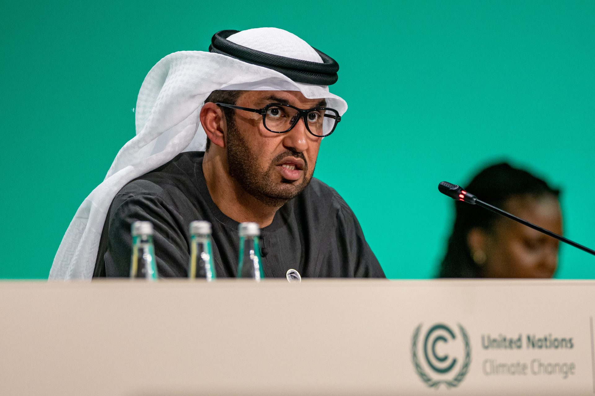 Dubai (United Arab Emirates), 11/12/2023.- President of COP28 and UAE's Minister for Industry and Advanced Technology Dr. Sultan Ahmed Al Jaber speaks during the 2023 United Nations Climate Change Conference (COP28), in Dubai, United Arab Emirates, 11 December 2023. The 2023 United Nations Climate Change Conference (COP28), runs from 30 November to 12 December, and is expected to host one of the largest number of participants in the annual global climate conference as over 70,000 estimated attendees, including the member states of the UN Framework Convention on Climate Change (UNFCCC), business leaders, young people, climate scientists, Indigenous Peoples and other relevant stakeholders will attend. (Emiratos Árabes Unidos) EFE/EPA/MARTIN DIVISEK