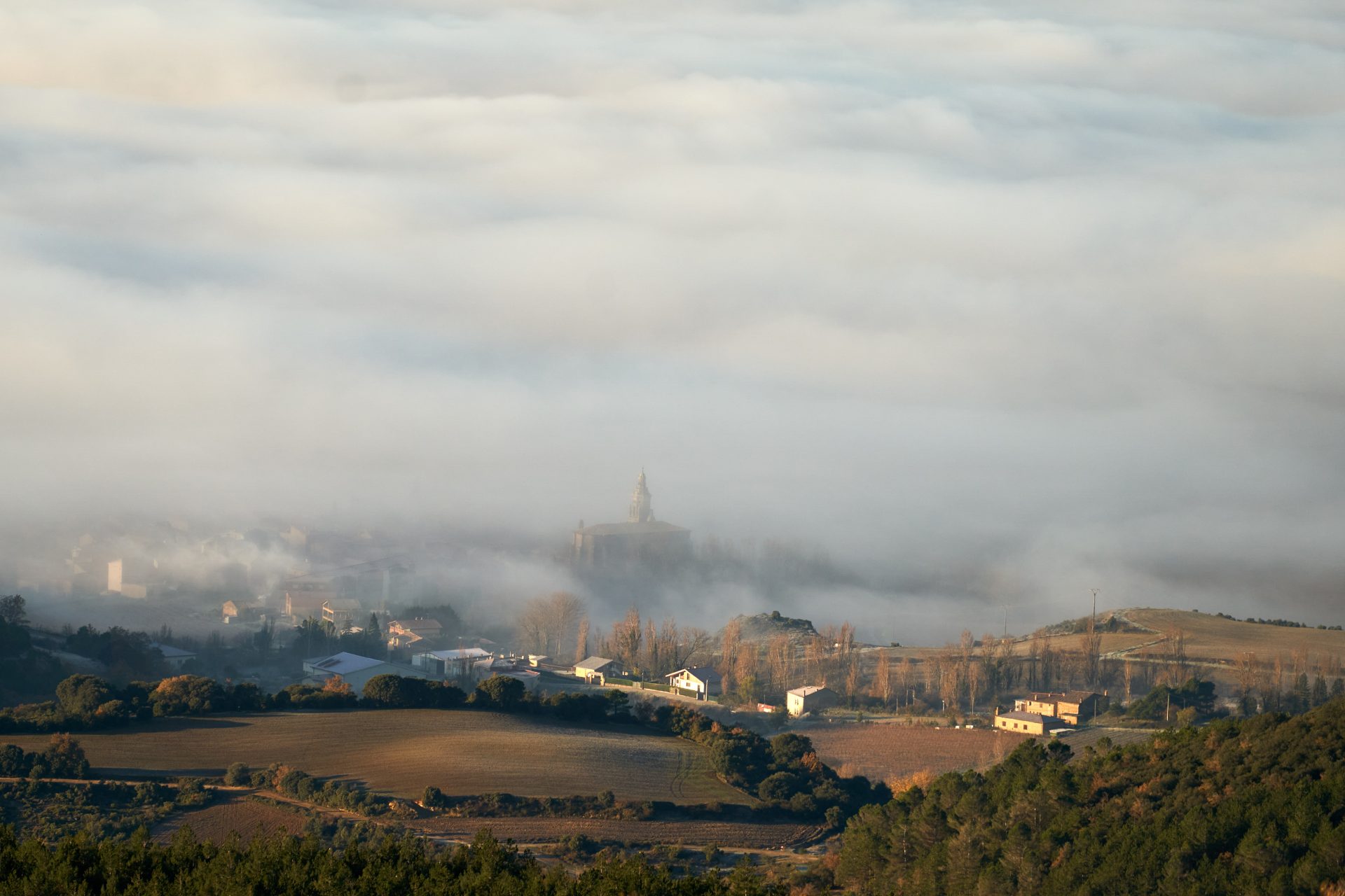 Pueblo de Ábalos de La Rioja Alavesa desde el mirador Balcón de la Rioja envuelto por una densa niebla en la jornada de este lunes. EFE / L. Rico