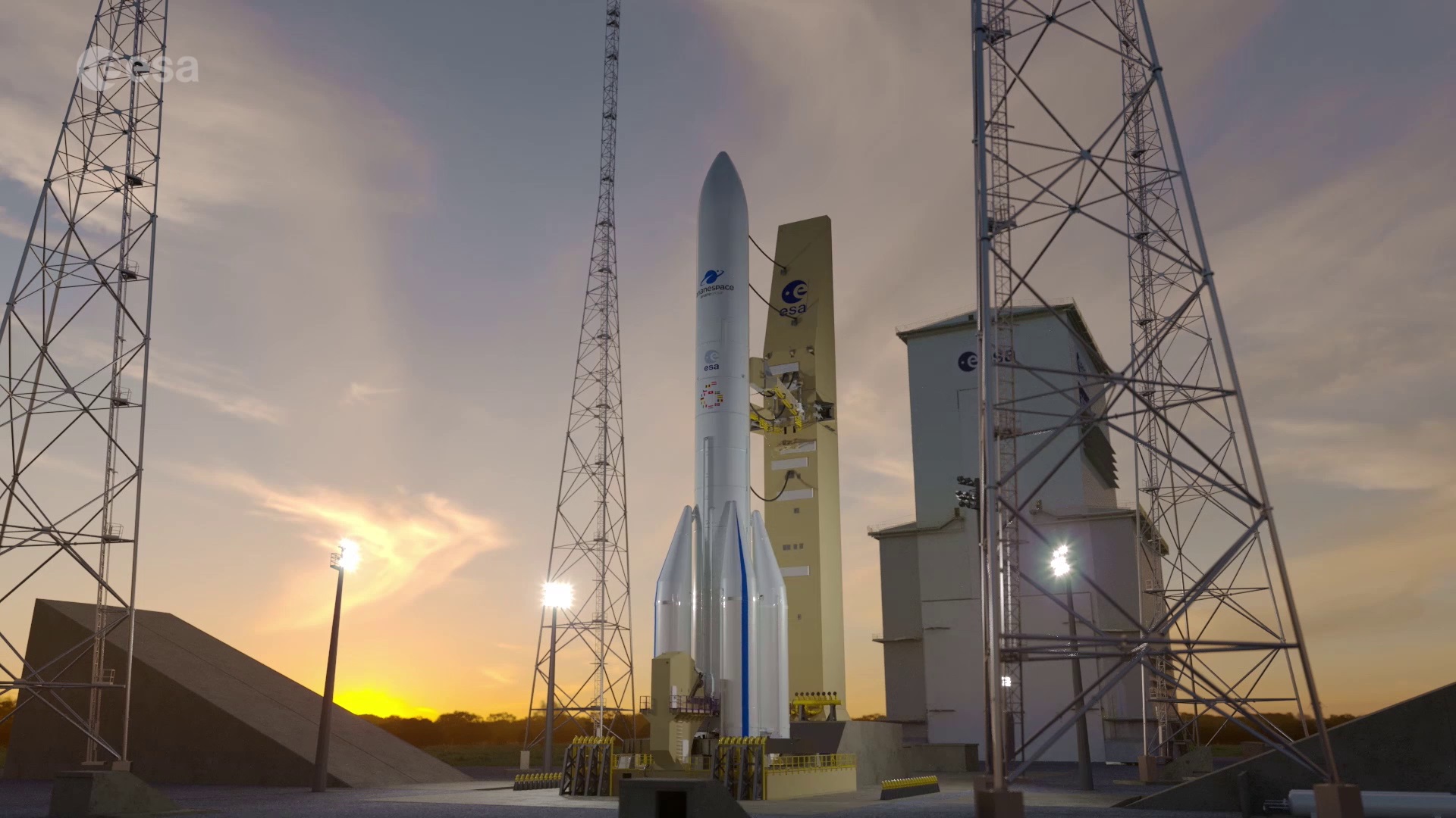 Imagen del cohete Ariane 6 en el puerto espacial europeo de la Guayana Francesa. Crédito: Agencia Espacial Europea (ESA)