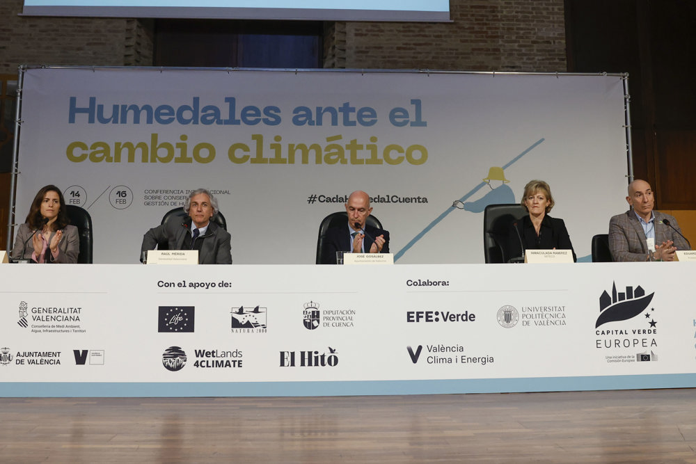 VALENCIA, 14/02/2024.-El director general de Medio Natural y Animal de la Conselleria de Medio Ambiente, Agua, Infraestructuras y Territorio, Raúl Mérida (2d), el concejal responsable de La Devesa- Albufera, José Gosálbez (c), Inmaculada Ramírez (2i), directora de la Oficina técnica del Mar Menor y adjunta a la comIsionada, y Eduardo Miguel (i), director de Global Natureeste miércoles durante la conferencia internacional "Conservación y gestión de humedales ante el cambio climático” analiza el papel de los humedales en la mitigación del cambio climático.-EFE/ JJ Guillén