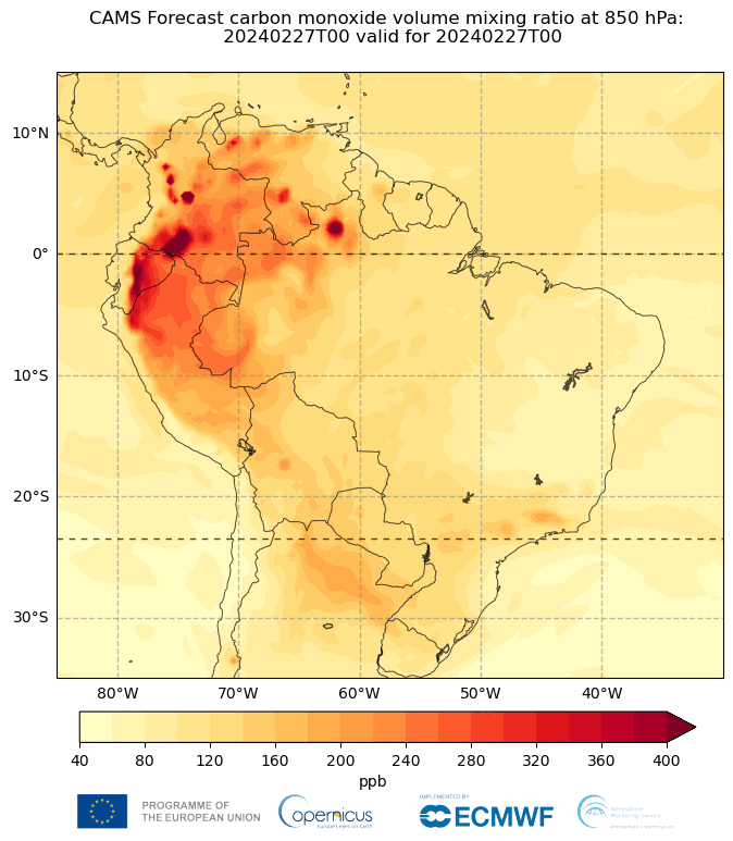 Previsión de la tasa de mezcla de monóxido de carbono a 850 hPa sobre América del Sur inicializada el 27 de febrero. © Copernicus